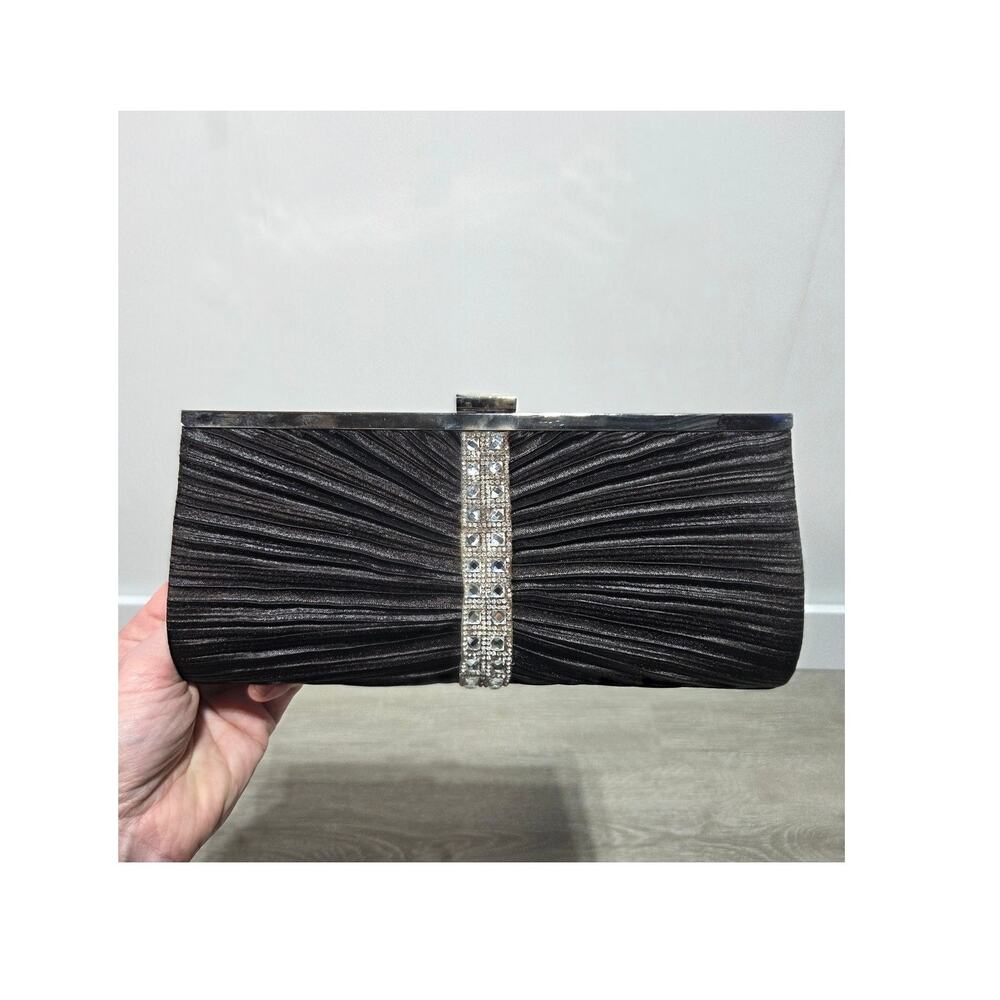 Elegant Satin Pleated Black Evening Clutch Purse with Rhinestone Bar Closure